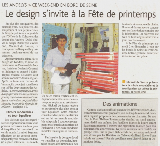 Designer pour Paris Normandie,le créateur Mickael de Santos présente ses meubles design aux Andelys près de Rouen