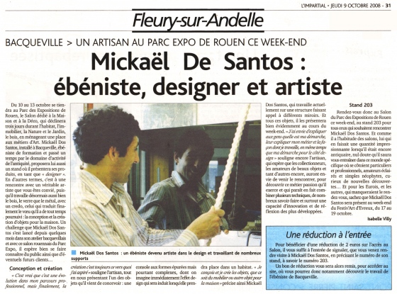 le journaliste de l’Impartial  annonçe la présence de Mickaël de Santos au salon Maison Déco de Rouen